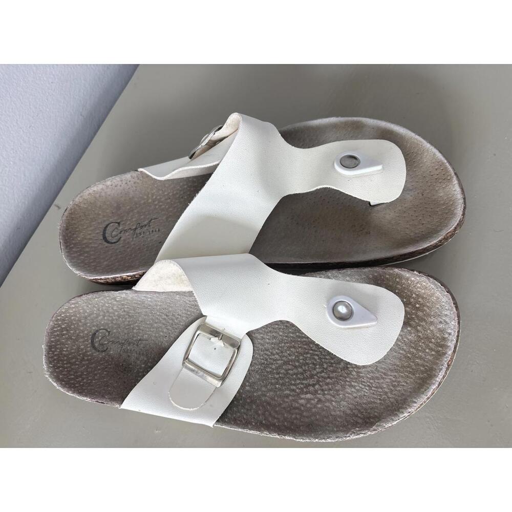 Comfort White Buckle Thong Sandals with Cork Footbed Size 9 Women's - Picture 2 of 4